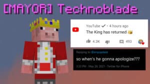 Minecraft character Technoblade wearing a crown and royal outfit with YouTube comment "The King has returned" and a critical tweet.
