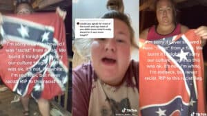 Three TikTok frames showing a woman holding and burning a Confederate flag with an apology text overlay.