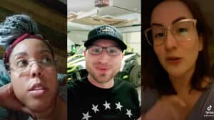 Three people wearing glasses in separate video call frames, one with gray braided hair and red headband, one in a garage with a black cap, and one with brown hair and clear glasses.