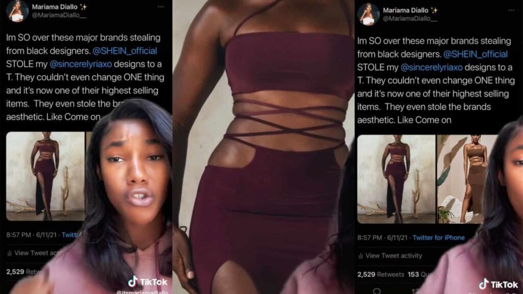 Mariama Diallo speaking in a TikTok video overlaying her tweet accusing SHEIN of stealing her Sincerely Riaxo dress design.