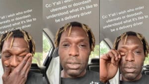 Man with blonde-tipped dreadlocks wiping tears inside a car with text about understanding delivery drivers on UberEats or DoorDash.