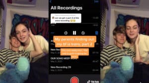 Two people sitting closely with a voice recording titled "My parents finding out my bf is trans, part 2" playing on screen.