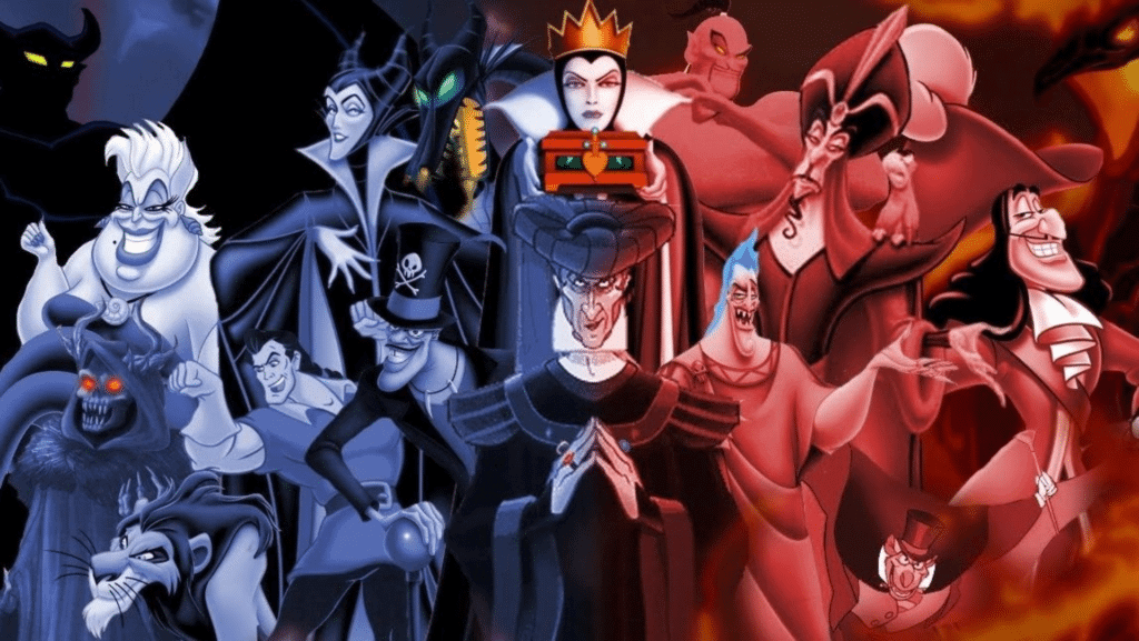 Disney villains including Ursula, Maleficent, Evil Queen, Hades, Jafar, Scar, and Captain Hook in a dark and fiery background.