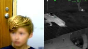 Blurred close-up of a young boy next to two black-and-white aerial surveillance images of a car and a person outside a building at night