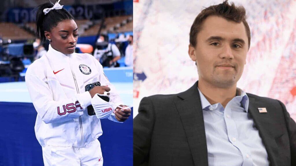 Simone Biles in Team USA jacket adjusting glove and chess player Hans Niemann in suit and blue shirt