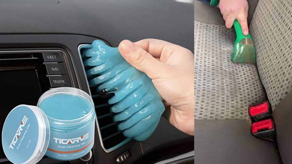 Hand using blue Ticarve dust cleaning gel to clean car air vent and vacuum cleaning car seat fabric.