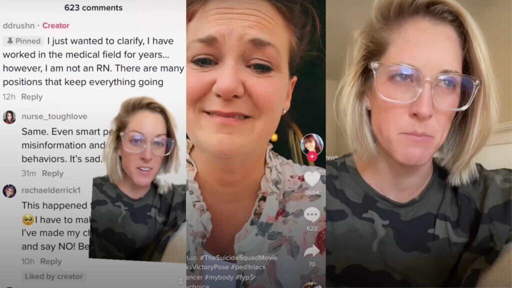 Two women in separate TikTok videos, one wearing clear glasses and a camouflage shirt, the other in a floral blouse.