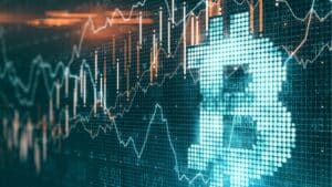 Digital Bitcoin symbol with fluctuating financial market graphs in the background