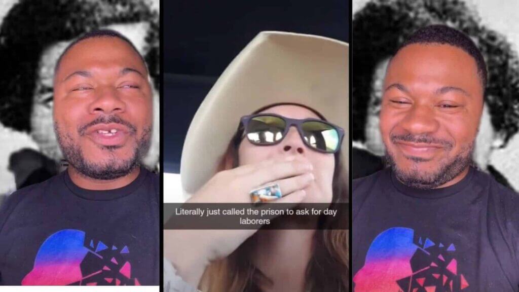 Split screen with a man smiling in a black shirt and a woman in sunglasses and a cowboy hat with text "Literally just called the prison to ask for day laborers"