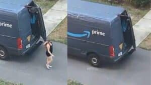 Amazon Prime delivery van with open rear doors and a woman walking nearby on a residential street