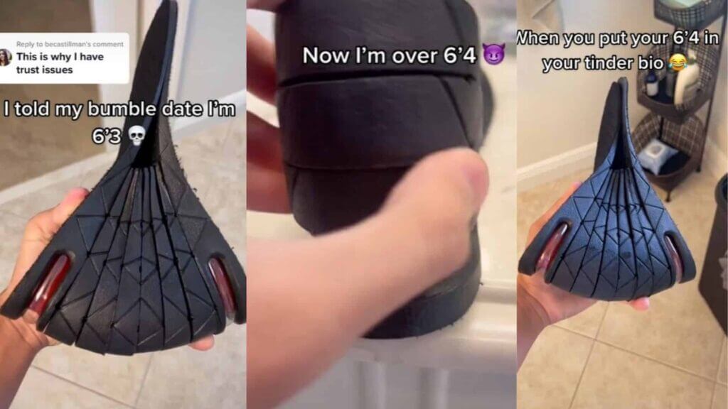 Close-up of a black bicycle seat being compressed to show height difference, with text about exaggerating height on dating profiles.