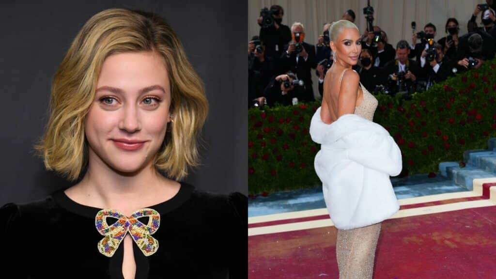 Lili Reinhart smiling in black dress with jeweled bow and Kim Kardashian in sparkling gown with white fur coat at red carpet event