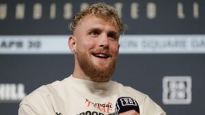 Most Valuable Promotions founder Jake Paul speaks during the Weigh-In leading up to the World Lightweight Title fight between Katie Taylor and Amanda Serrano at The Hulu Theater at Madison Square Garden on April 29, 2022 in New York, New York. The bout will be the first women's combat sports fight to headline Madison Square Garden.