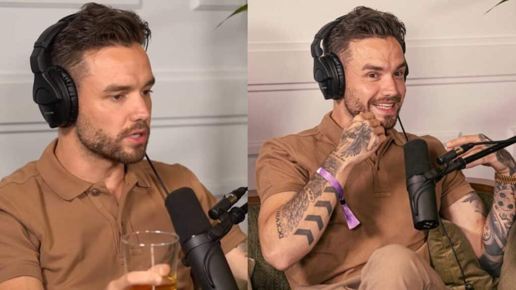 Man with tattoos wearing headphones and a brown polo shirt speaking into a microphone during a podcast recording