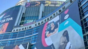 Anaheim Convention Center exterior with large TikTok and VidCon banners promoting online creators.