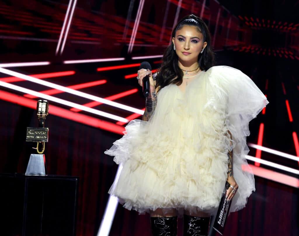 In this image released on October 14, Julia Michaels speaks onstage at the 2020 Billboard Music Awards, broadcast on October 14, 2020 at the Dolby Theatre in Los Angeles, CA.