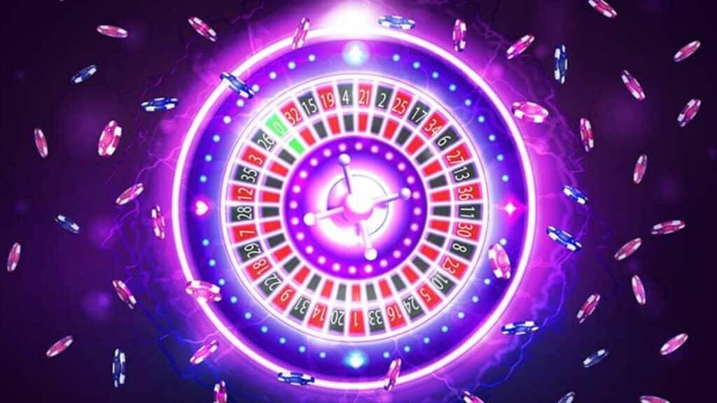 Neon-lit roulette wheel with red, black, and green numbered slots surrounded by floating poker chips.
