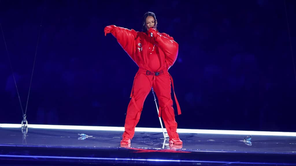 Rihanna performs during the Apple Music Super Bowl LVII Halftime Show at State Farm Stadium on February 12, 2023 in Glendale, Arizona.