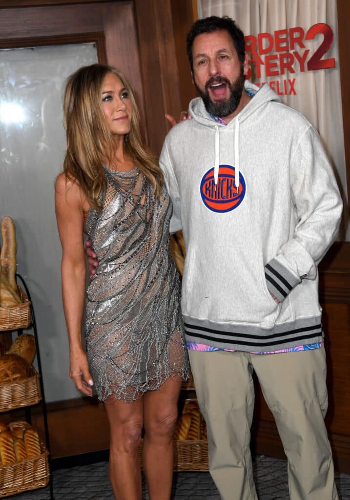 Jennifer Aniston and Adam Sandler attend the Los Angeles Premiere Of Netflix's "Murder Mystery 2" held at Regency Village Theatre on March 28, 2023 in Los Angeles, California.