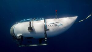 AT SEA - (----EDITORIAL USE ONLY â" MANDATORY CREDIT - " OCEANGATE/ HANDOUT" - NO MARKETING NO ADVERTISING CAMPAIGNS - DISTRIBUTED AS A SERVICE TO CLIENTS----) An undated photo shows tourist submersible belongs to OceanGate begins to descent at a sea. Search and rescue operations continue by US Coast Guard in Boston after a tourist submarine bound for the Titanic's wreckage site went missing off the southeastern coast of Canada. (