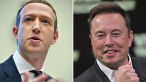 CEO Elon Musk during his visit at the Vivatech technology startups and innovation fair at the Porte de Versailles exhibition center in Paris on June 16, 2023 (R) and Facebook founder Mark Zuckerberg testifying before the House Financial Services Committee in the Rayburn House Office Building in Washington, DC on October 23, 2019. Tech titans Zuckerberg and Musk are in a fierce business rivalry that has spilt over into a playground spat, with the two men offering to fight each other in a cage.