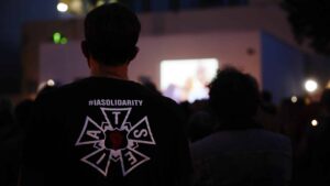 Mourners hold a Candelight Vigil for Cinematographer Halyna Hutchins at the Burbank's IATSE Local 80 in Burbank, California on October 24, 2021.