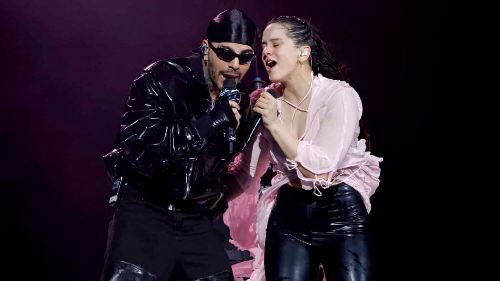 INDIO, CALIFORNIA - APRIL 15: (L-R) Rauw Alejandro performs with Rosalía at the Coachella Stage during the 2023 Coachella Valley Music and Arts Festival on April 15, 2023 in Indio, California.