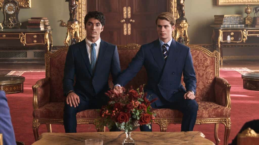 Nicholas Galitzine as Prince Henry and Taylor Zakhar Perez as Alex Claremont-Diaz in Prime Video's Red, White and Royal Blue