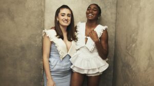 AUSTIN, TX - MARCH 11: (L-R) Ayo Edebiri and Rachel Sennott of Bottoms pose for a portrait at SxSW Film Festival on March 11, 2023 in Austin, Texas.