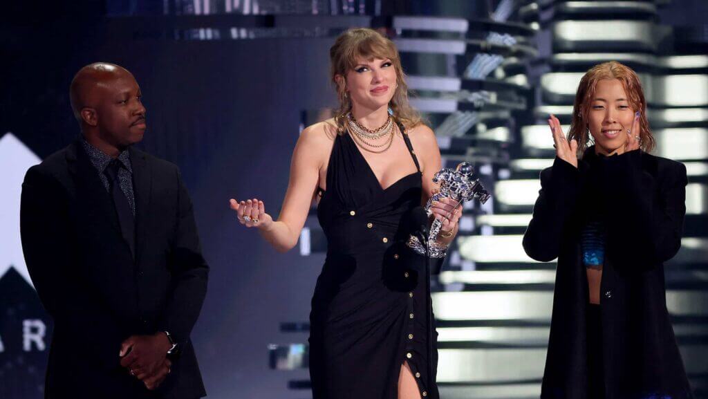NEWARK, NEW JERSEY - SEPTEMBER 12: (L-R) Chancler Haynes, Taylor Swift, and Rina Yang accept the Video of the Year award for "Anti-Hero" onstage during the 2023 MTV Video Music Awards at Prudential Center on September 12, 2023 in Newark, New Jersey.