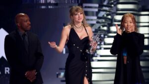 NEWARK, NEW JERSEY - SEPTEMBER 12: (L-R) Chancler Haynes, Taylor Swift, and Rina Yang accept the Video of the Year award for "Anti-Hero" onstage during the 2023 MTV Video Music Awards at Prudential Center on September 12, 2023 in Newark, New Jersey.