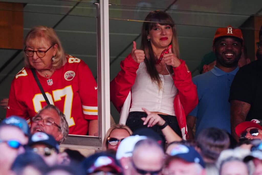 KANSAS CITY, MISSOURI - SEPTEMBER 24: Donna Kelce and Taylor Swift are seen during the first half of a game between the Chicago Bears and the Kansas City Chiefs at GEHA Field at Arrowhead Stadium on September 24, 2023 in Kansas City, Missouri.