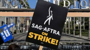 LOS ANGELES, CALIFORNIA - OCTOBER 12: Signage is seen at the picket line outside Fox Studios on October 12, 2023 in Los Angeles, California. SAG-AFTRA has been on strike since July 14, 2023 and has not yet reached a deal with AMPTP, the trade association representing the Hollywood Studios.