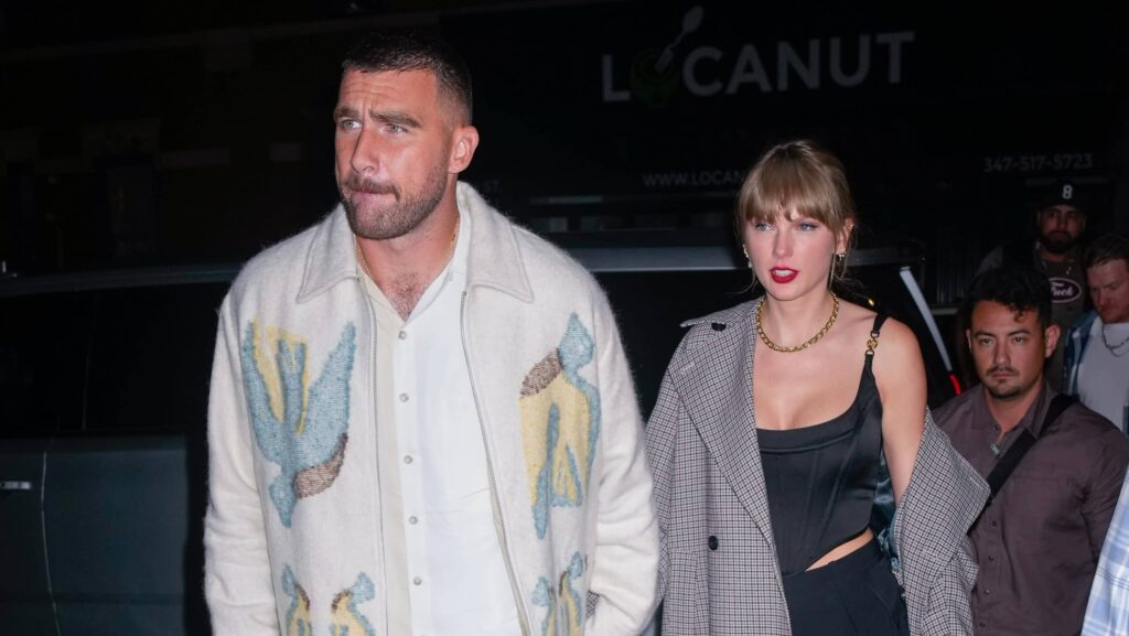 Travis Kelce and Taylor Swift arrive at SNL Afterparty on October 15, 2023 in New York City.