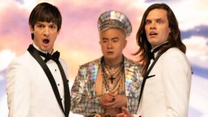 A24's "Dicks: The Musical" imagery of Bowen Yang, Joshua Sharp, and Aaron Jackson.