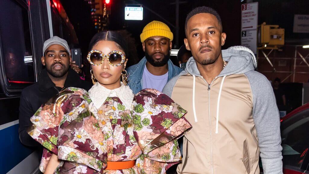Kenneth Petty and Rapper Nicki Minaj are seen leaving the Marc Jacobs Fall 2020 runway show during New York Fashion Week on February 12, 2020 in New York City.