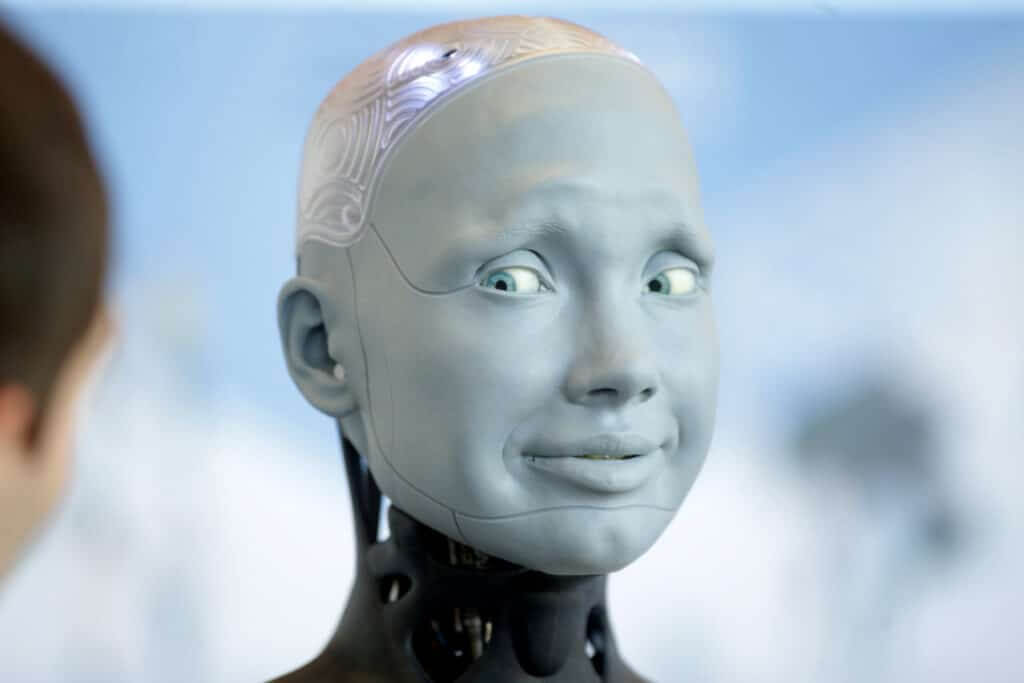 Human shaped robot Ameca of British manufacturer Engineered Arts interacts with visitors.