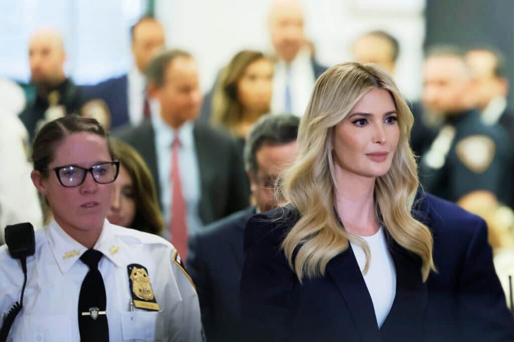 Ivanka Trump exits the courtroom for a break during the civil fraud trial of her father former President Donald Trump at New York State Supreme Court on November 08, 2023 in New York City. Trump, the eldest daughter of the former president, is set to testify as the New York attorney general’s final witness in the fraud case against her father and family’s business, in which New York Attorney General Letitia James is seeking $250 million in damages.