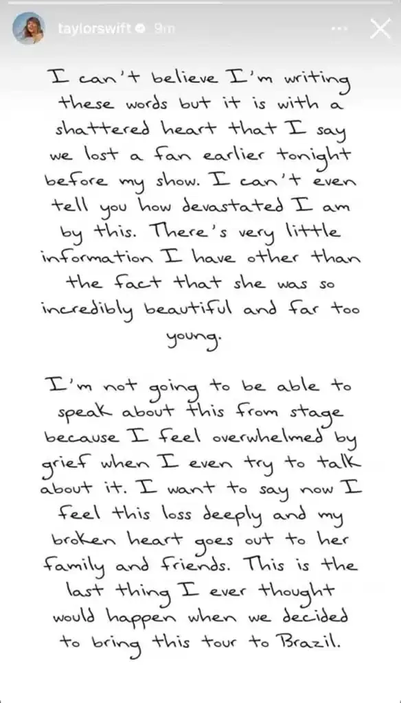 Taylor Swift writes how the situation has left her 'shattered' and distraught on social media.