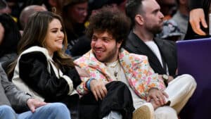 Selena Gomez and Benny Blanco attend a basketball game between the Los Angeles Lakers and the Miami Heat at Crypto.com Arena on January 03, 2024 in Los Angeles, California. NOTE TO USER: User expressly acknowledges and agrees that, by downloading and or using this photograph, User is consenting to the terms and conditions of the Getty Images License Agreement.