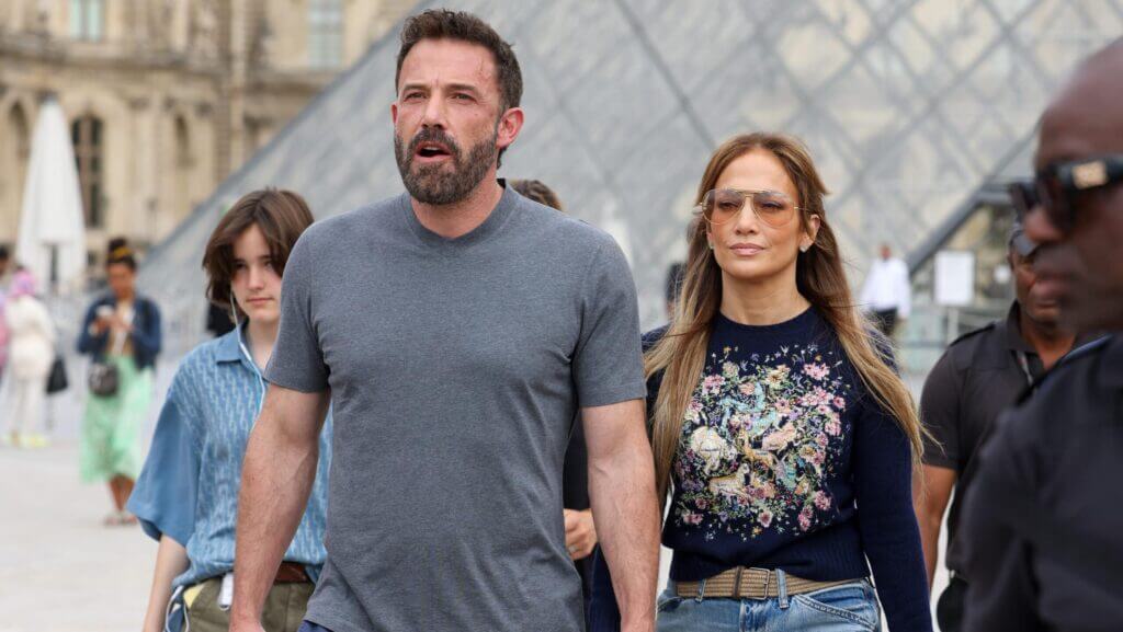 Jennifer Lopez and Ben Affleck are seen at the Louvre Museum on July 26, 2022 in Paris, France.