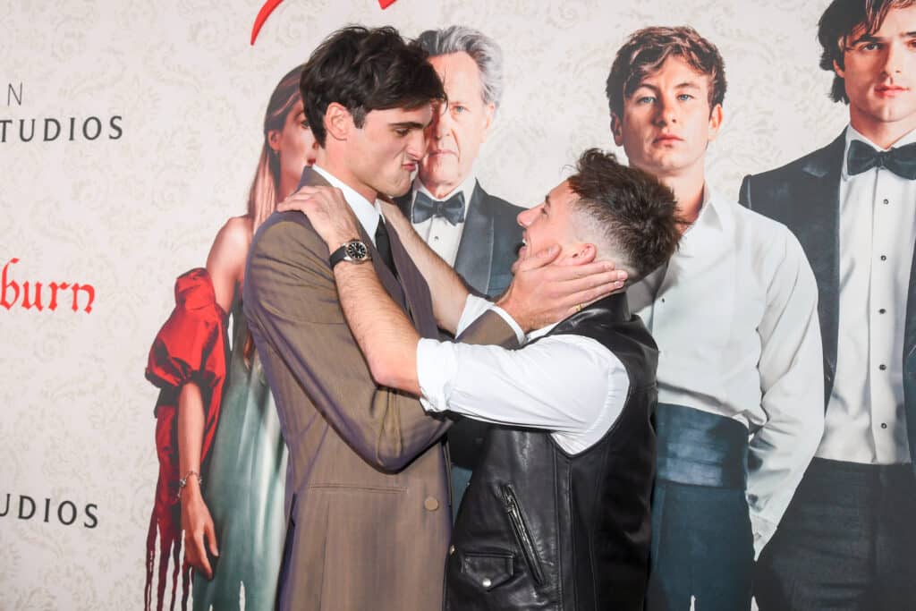 Jacob Elordi and Barry Keoghan at the premiere of "Saltburn" held at The Theatre at Ace Hotel on November 14, 2023 in Los Angeles, California.