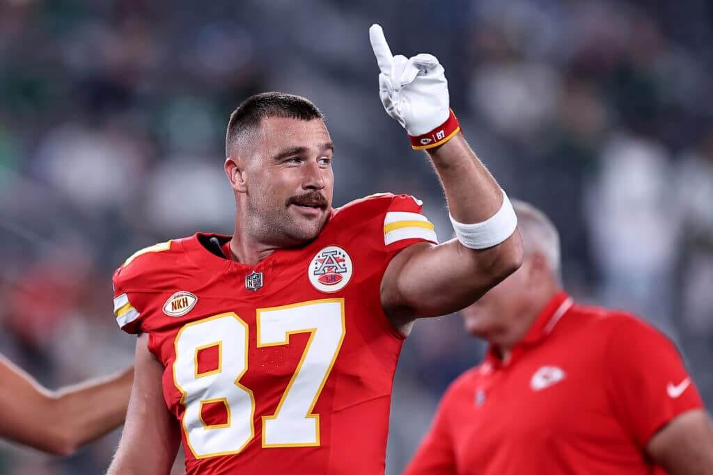 Travis Kelce #87 of the Kansas City Chiefs looks on prior to the game New York Jets at MetLife Stadium on October 01, 2023 in East Rutherford, New Jersey. 