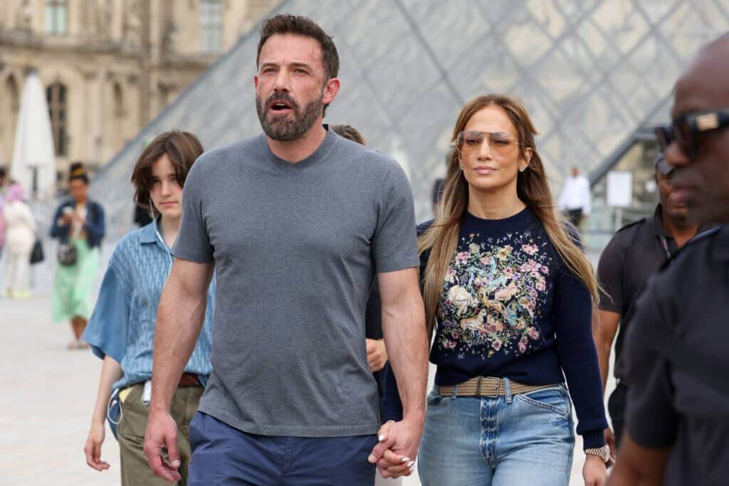 PARIS, FRANCE - JULY 26: Jennifer Lopez and Ben Affleck are seen at the Louvre Museum on July 26, 2022 in Paris, France. (Photo by Pierre Suu/GC Images)