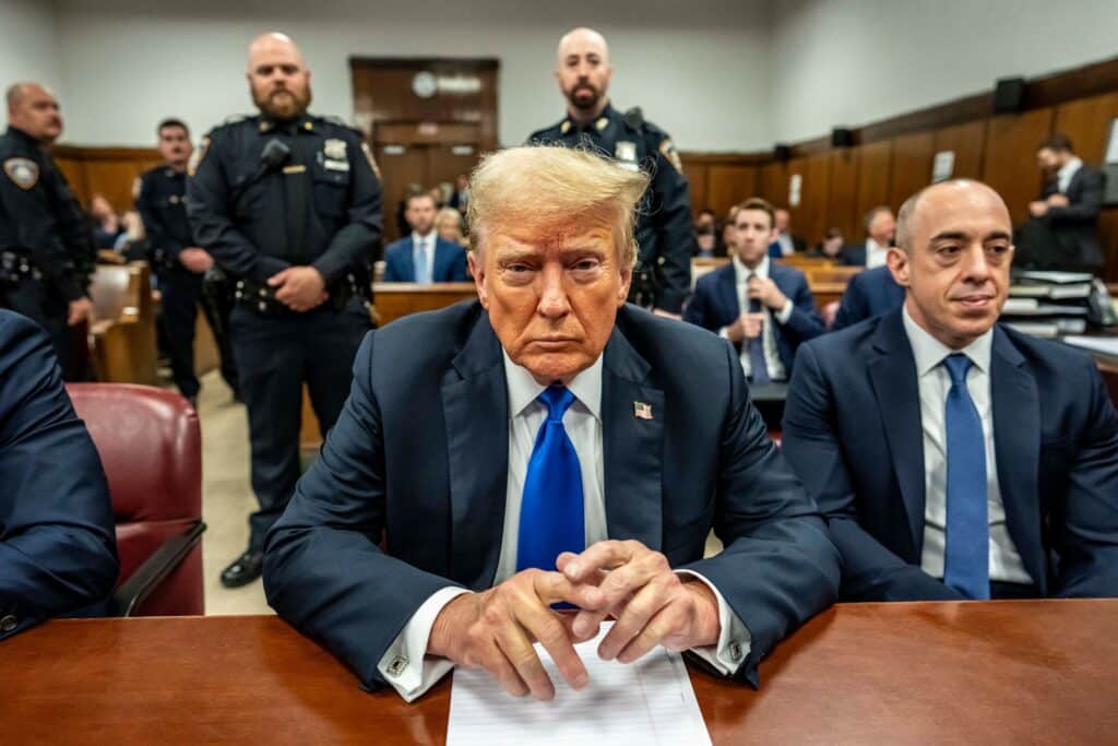 Former President Donald Trump sits in the courtroom at Manhattan Criminal Court in New York on Thursday, May 30, 2024. Jurors have begun their deliberations in the felony trial of the former president, who is charged with making hush-money payments to silence an adult film actress in 2016.