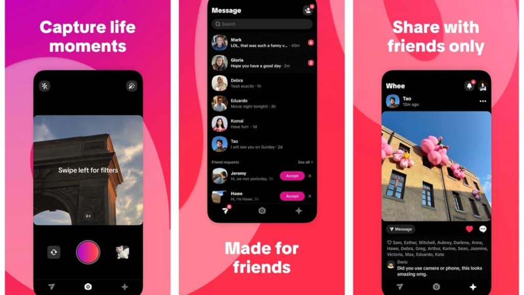 Whee in app experience detailed through photos.