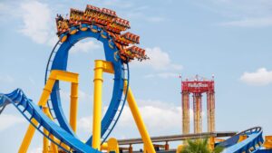 Photo taken on June 20, 2020 shows a roller coaster at the reopened Six Flags Fiesta Texas in San Antonio, Texas, the United States.