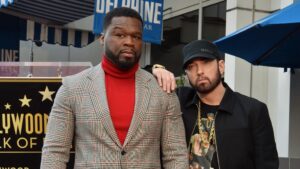 American singer, songwriter, rapper, actor, television producer, entrepreneur, and investor Curtis "50 Cent' Jackson is joined by rapper Eminem during an unveiling ceremony honoring Jackson with the 2,686th star on the Hollywood Walk of Fame on Thursday, January 30, 2020 in Los Angeles.