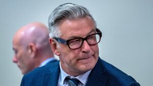 Actor and producer ALEC BALDWIN in First District Court during the second day of testimony in the trial against him, in Santa Fe, Thursday. Baldwin is on trial for the charge of involuntary manslaughter related to the death of cinematographer Hutchins during the filming of the movie Rust in 2021.