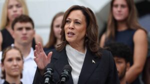 US Vice President Kamala Harris speaks on the South Lawn of the White House in Washington, DC, US, on Monday, July 22, 2024. The vice president's first task in formally securing the Democratic presidential nomination will be to corral her former congressional colleagues, newly emboldened after a successful pressure campaign to force their party's leader, Joe Biden, off the 2024 ballot.